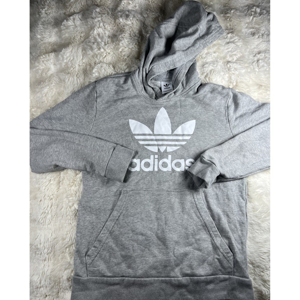 Adidas Originals Hoodie Mens Medium Grey White Trefoil Logo Pullover SweatshirA6